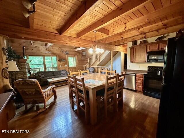 dining room with beamed ceiling, an inviting chandelier, wooden ceiling, and dark wood-type flooring