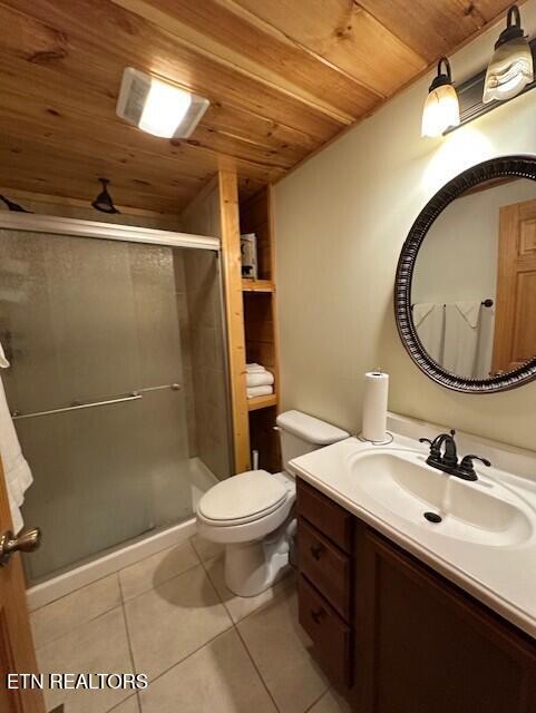 full bath with vanity, wooden ceiling, tile patterned flooring, and a shower stall