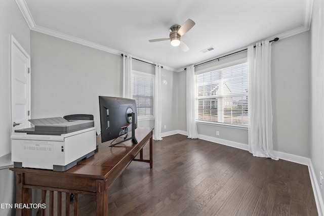 home office with visible vents, baseboards, ceiling fan, dark wood finished floors, and ornamental molding