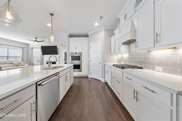 kitchen with open floor plan, custom range hood, stainless steel appliances, a ceiling fan, and a sink