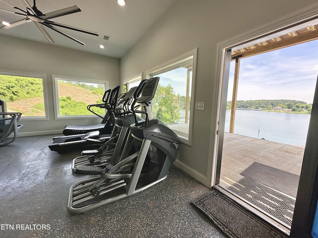 179 Lakeshore Bay Dr, Jefferson City, TN 37760 - exercise area featuring visible vents, a water view, lofted ceiling, recessed lighting, and baseboards