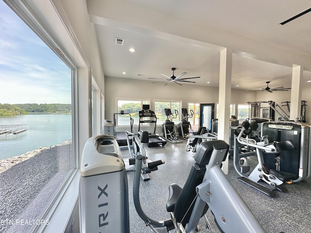 179 Lakeshore Bay Dr, Jefferson City, TN 37760 - gym featuring recessed lighting, visible vents, a water view, and a ceiling fan