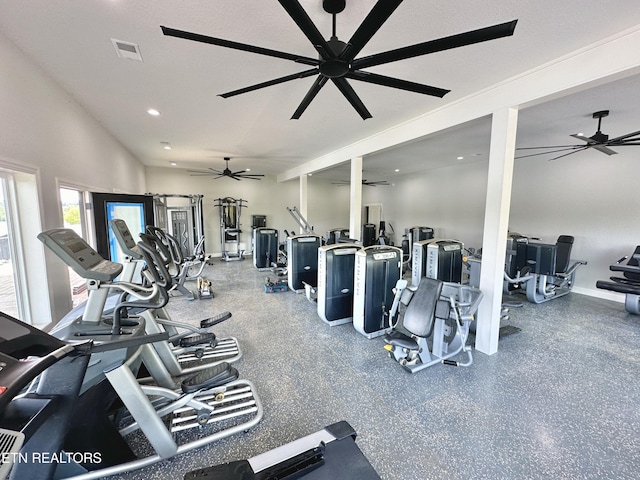 179 Lakeshore Bay Dr, Jefferson City, TN 37760 - exercise room featuring a ceiling fan, visible vents, and baseboards
