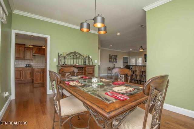 107 Sunny St, Sharps Chapel, TN 37866 - dining area with dark wood-style floors, crown molding, a ceiling fan, baseboards, and recessed lighting