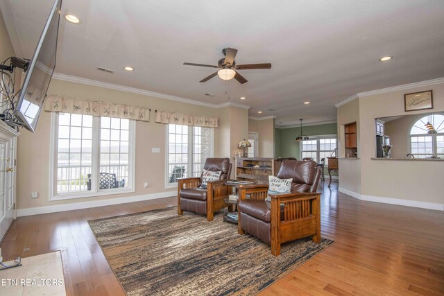 107 Sunny St, Sharps Chapel, TN 37866 - living area featuring ceiling fan, wood finished floors, baseboards, recessed lighting, and crown molding