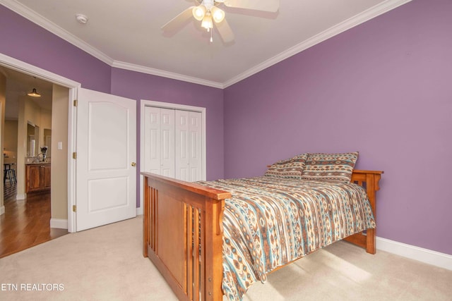 107 Sunny St, Sharps Chapel, TN 37866 - bedroom featuring light colored carpet, baseboards, ornamental molding, a closet, and ceiling fan