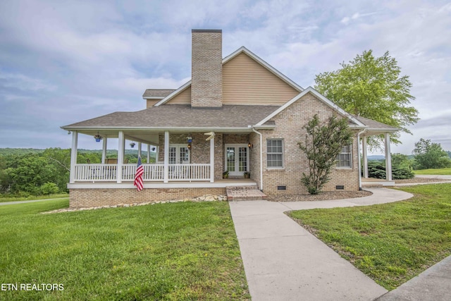 107 Sunny St, Sharps Chapel, TN 37866 - view of front of home featuring crawl space, french doors, a front yard, a porch, and brick siding