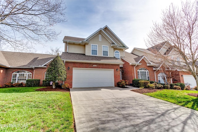 1120 Treymour Way, Knoxville, TN 37922 - view of front facade featuring a front yard, driveway, roof with shingles, an attached garage, and brick siding