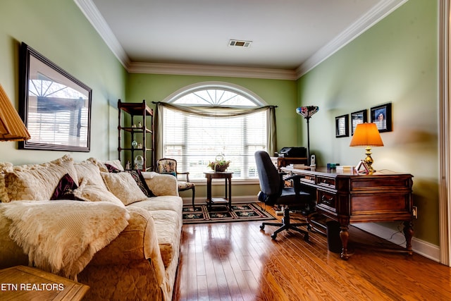 1120 Treymour Way, Knoxville, TN 37922 - home office featuring baseboards, wood finished floors, visible vents, and ornamental molding
