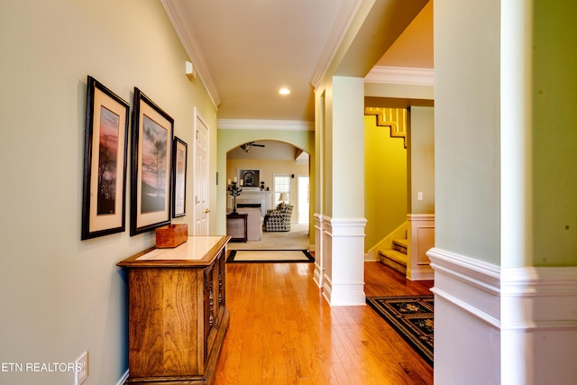 1120 Treymour Way, Knoxville, TN 37922 - corridor with stairs, ornamental molding, recessed lighting, light wood-style flooring, and arched walkways