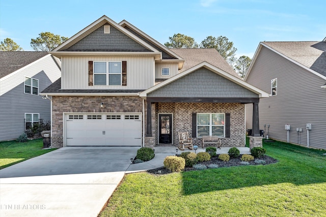 craftsman house with a porch, an attached garage, a front lawn, concrete driveway, and stone siding