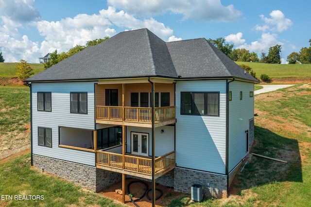 736 Cow Poke Ln, Rutledge, TN 37861 - back of house with a balcony, a shingled roof, french doors, central air condition unit, and a lawn
