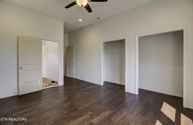 736 Cow Poke Ln, Rutledge, TN 37861 - unfurnished bedroom with visible vents, multiple closets, dark wood finished floors, recessed lighting, and a ceiling fan