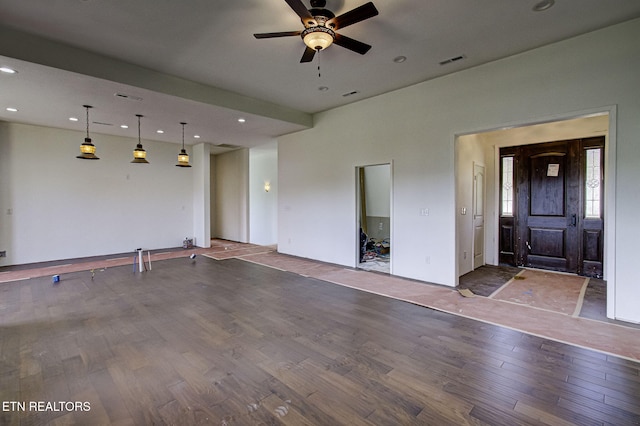 736 Cow Poke Ln, Rutledge, TN 37861 - unfurnished living room featuring ceiling fan, visible vents, wood finished floors, and recessed lighting