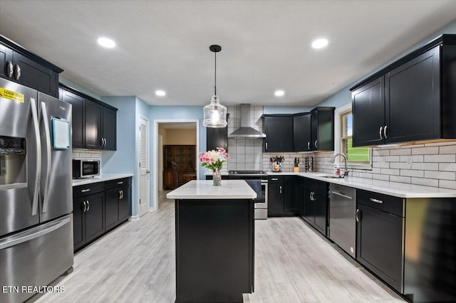 416 Summitt Dr, Lafollette, TN 37766 - kitchen with stainless steel appliances, wall chimney range hood, a kitchen island, a sink, and dark cabinets