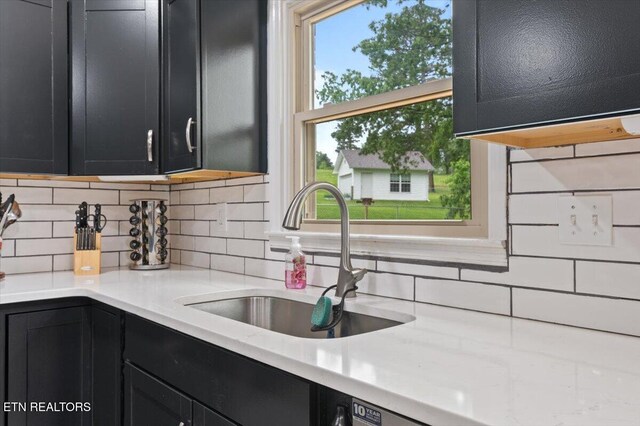 416 Summitt Dr, Lafollette, TN 37766 - kitchen with dark cabinets, a sink, and decorative backsplash