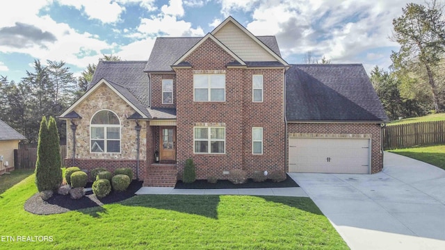 1312 Fox Ridge Dr, Powell, TN 37849 - view of front facade with a front yard, fence, driveway, an attached garage, and a shingled roof