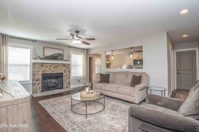 1312 Fox Ridge Dr, Powell, TN 37849 - living area with baseboards, recessed lighting, a fireplace, a ceiling fan, and dark wood-style flooring