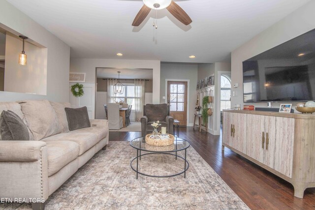 1312 Fox Ridge Dr, Powell, TN 37849 - living room with recessed lighting, dark wood-style floors, and ceiling fan