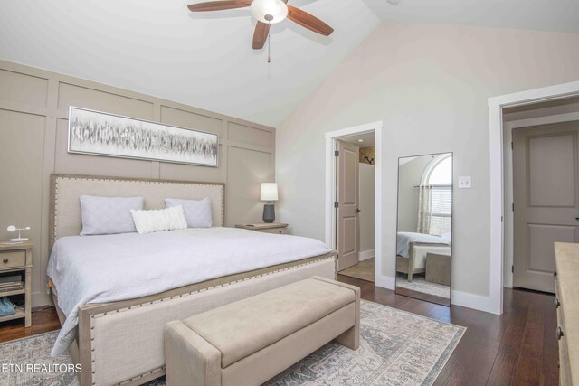 1312 Fox Ridge Dr, Powell, TN 37849 - bedroom with ceiling fan, high vaulted ceiling, dark wood finished floors, and a decorative wall