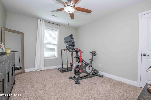 1312 Fox Ridge Dr, Powell, TN 37849 - workout room featuring carpet flooring, baseboards, visible vents, and a ceiling fan