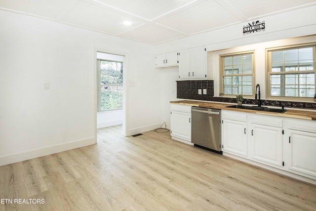 kitchen with a sink, white cabinetry, light wood-style flooring, and dishwasher