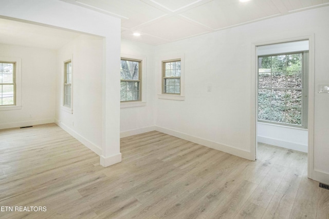 empty room featuring light wood-style floors, baseboards, and plenty of natural light