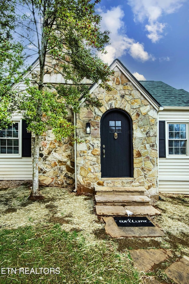 property entrance with stone siding
