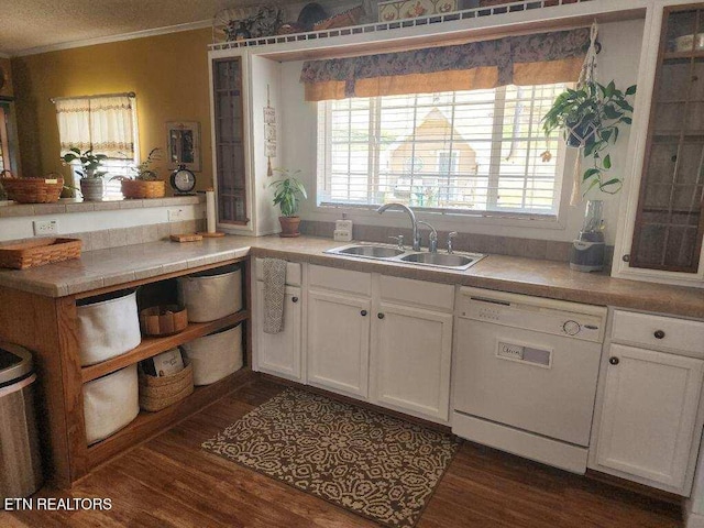 145 Liles Ln, Rocky Top, TN 37769 - kitchen with crown molding, a sink, white cabinetry, and white dishwasher