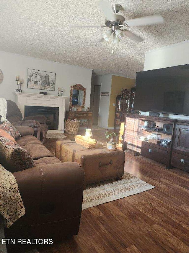 145 Liles Ln, Rocky Top, TN 37769 - living room with a fireplace with raised hearth, a textured ceiling, a ceiling fan, and wood finished floors