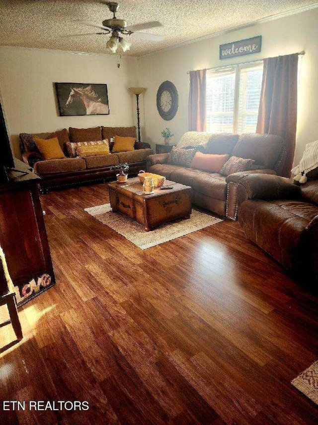 145 Liles Ln, Rocky Top, TN 37769 - living area featuring a textured ceiling, wood finished floors, and ceiling fan
