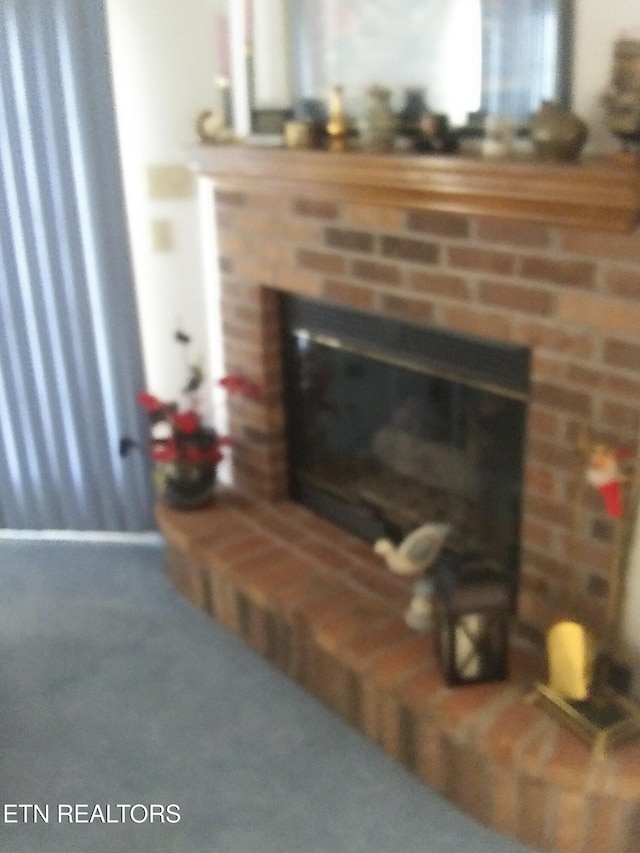 details with a fireplace and carpet