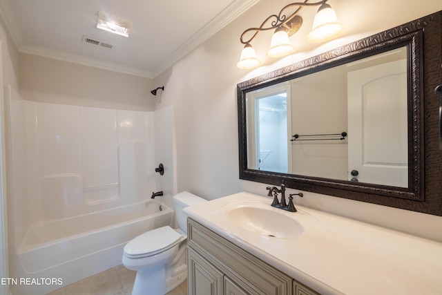 full bathroom with vanity, toilet, ornamental molding, tile patterned floors, and visible vents