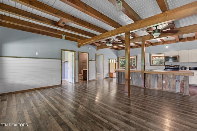 2560 Schisandra Ln Lane, Cosby, TN 37722 - unfurnished living room with ceiling fan, dark wood-style flooring, and a wood ceiling with exposed beams
