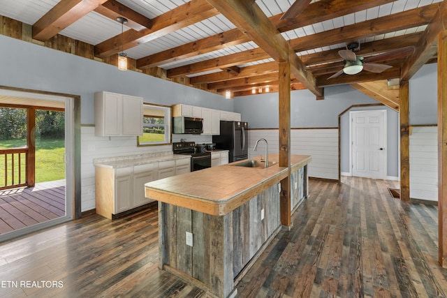 2560 Schisandra Ln Lane, Cosby, TN 37722 - kitchen featuring black appliances, dark wood-style flooring, white cabinetry, a ceiling fan, and wainscoting