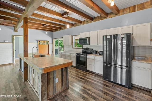 2560 Schisandra Ln Lane, Cosby, TN 37722 - kitchen with freestanding refrigerator, electric range, a wooden ceiling with exposed beams, dark wood-type flooring, and white cabinetry