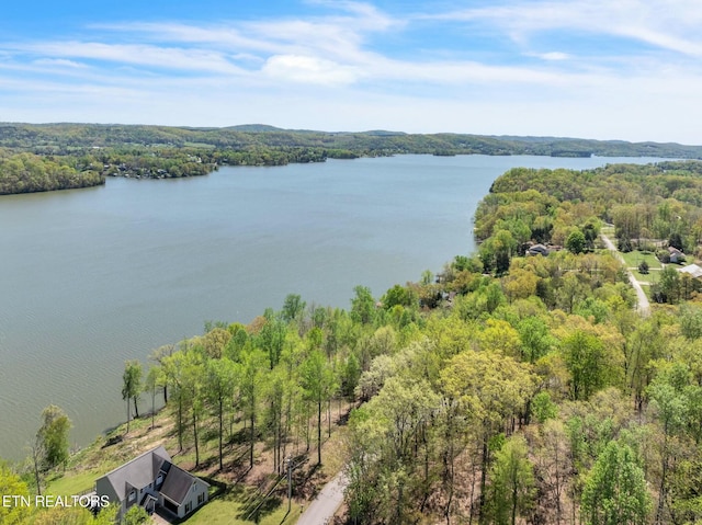 aerial view with a forest view and a water view