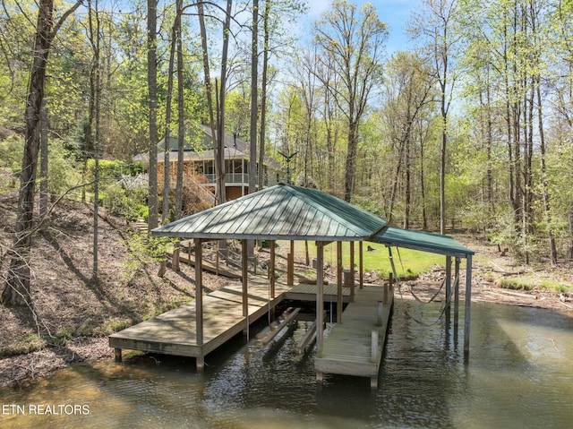 dock area featuring a wooded view and a water view