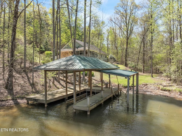 view of dock featuring a water view and a view of trees