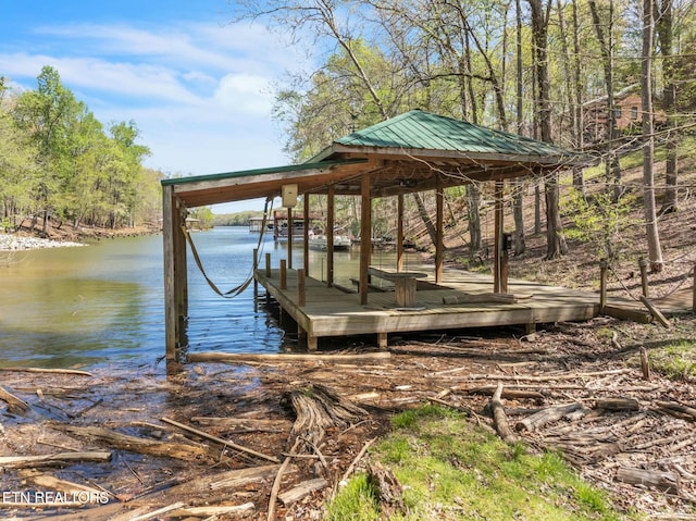 view of dock with a water view