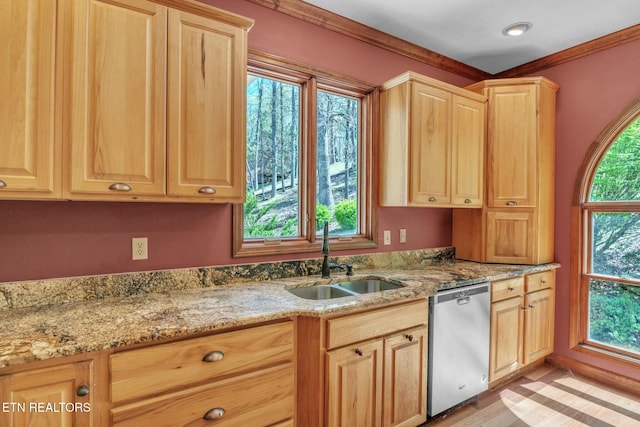 kitchen featuring light stone countertops, a healthy amount of sunlight, dishwasher, a sink, and light brown cabinets