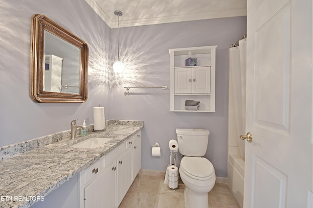bathroom featuring crown molding, tile patterned flooring, vanity, toilet, and baseboards