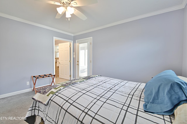 bedroom with crown molding, baseboards, a ceiling fan, and carpet flooring