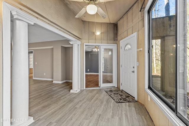 221 Woodland Rd Unit 315, Gatlinburg, TN 37738 - entryway with baseboards, a high ceiling, a ceiling fan, decorative columns, and light wood finished floors