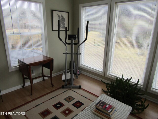 workout area with baseboards and wood finished floors