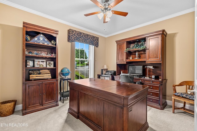 144 Nunyu Trl, Vonore, TN 37885 - home office with light colored carpet, a ceiling fan, crown molding, and baseboards