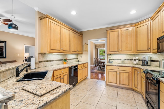 144 Nunyu Trl, Vonore, TN 37885 - kitchen with a sink, black appliances, ornamental molding, decorative backsplash, and light stone countertops