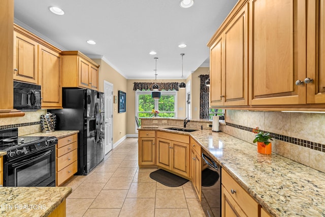 144 Nunyu Trl, Vonore, TN 37885 - kitchen featuring black appliances, a sink, baseboards, tasteful backsplash, and light stone counters