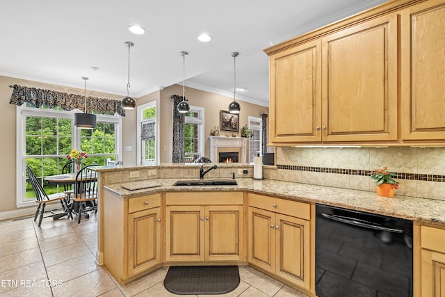 144 Nunyu Trl, Vonore, TN 37885 - kitchen featuring black dishwasher, a sink, decorative backsplash, a peninsula, and crown molding