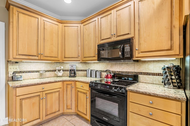 144 Nunyu Trl, Vonore, TN 37885 - kitchen featuring black appliances, light stone counters, light tile patterned floors, decorative backsplash, and ornamental molding